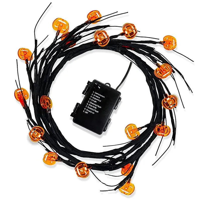 Halloween LED willow vine string light with 18 bat and 18 pumpkin rattan lights on a 2-metre vine with 100 LEDs