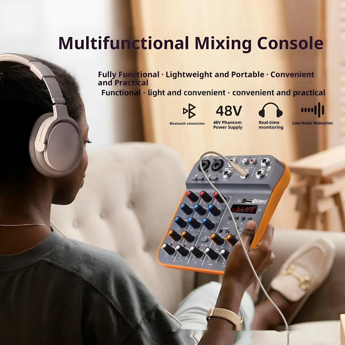 Compact plastic audio mixer with reverb and USB interface, D4M standard, 26 x 22.5 x 8 cm, picture colour