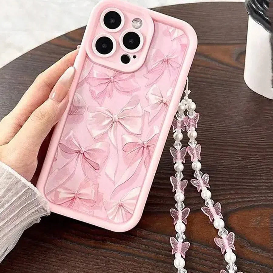 Pink TPU phone case with cartoon butterfly bracelet for iPhone 11 to 17 series