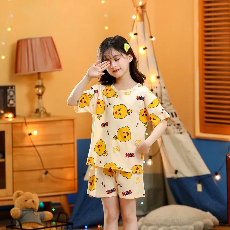 Cotton children's summer short-sleeved homewear set with cartoon strawberry pattern for kids