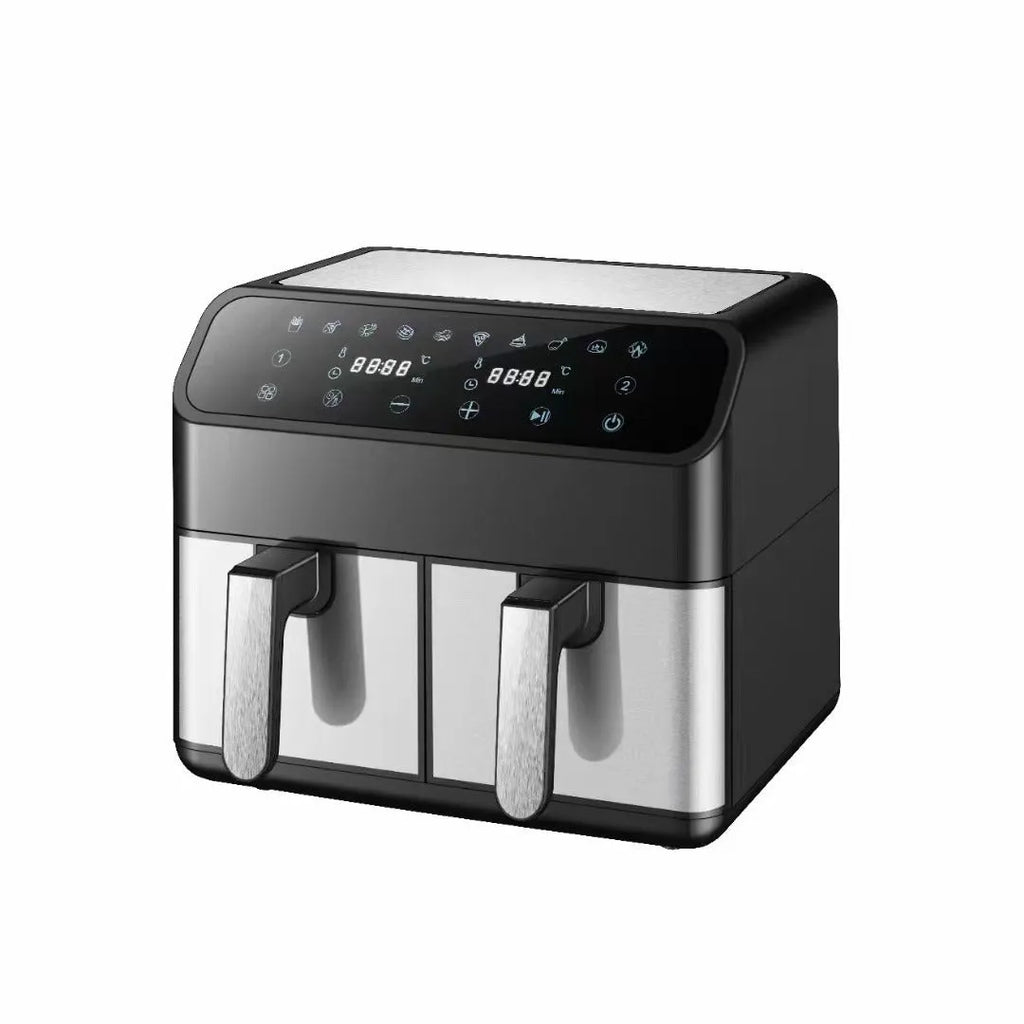 Household 8L double pot air fryer in stainless steel with two 4-litre compartments and touch screen control
