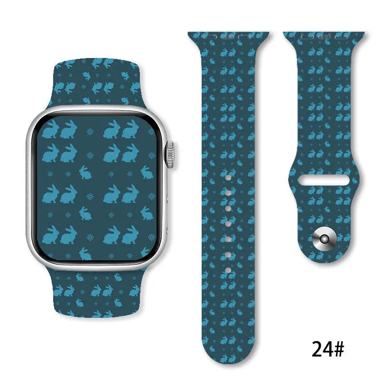 Christmas silicone watch strap with printed pattern in solid colour, fits 38-49mm smartwatch cases