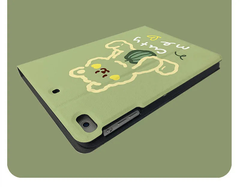 Ins Korean cartoon flip tablet case for iPad with imitation leather and TPU in Matcha Zoo pattern