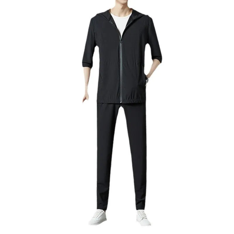 Korean loose hooded sun-protective clothing suit in grey, blue, or black.