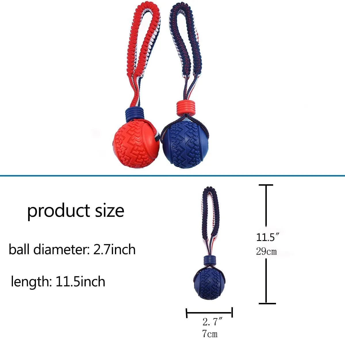 Blue or red natural rubber dog ball with attached rope toy for small and medium breed dogs