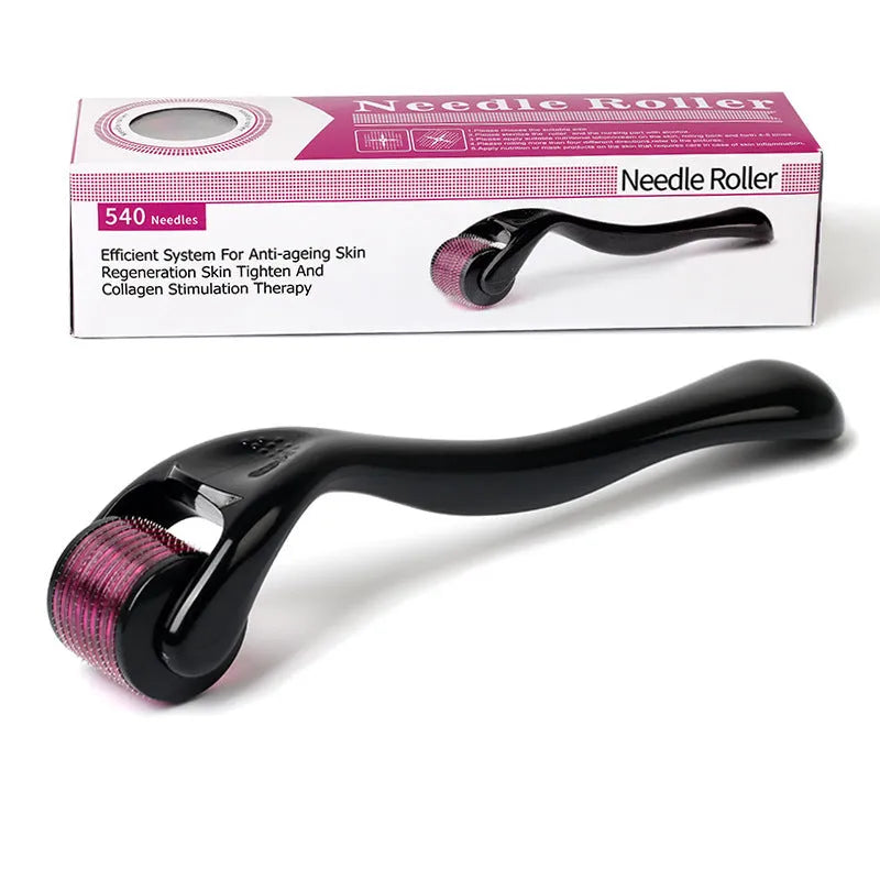 Black and purple titanium derma roller for face and scalp with 540 microneedles, showing different needle size options.