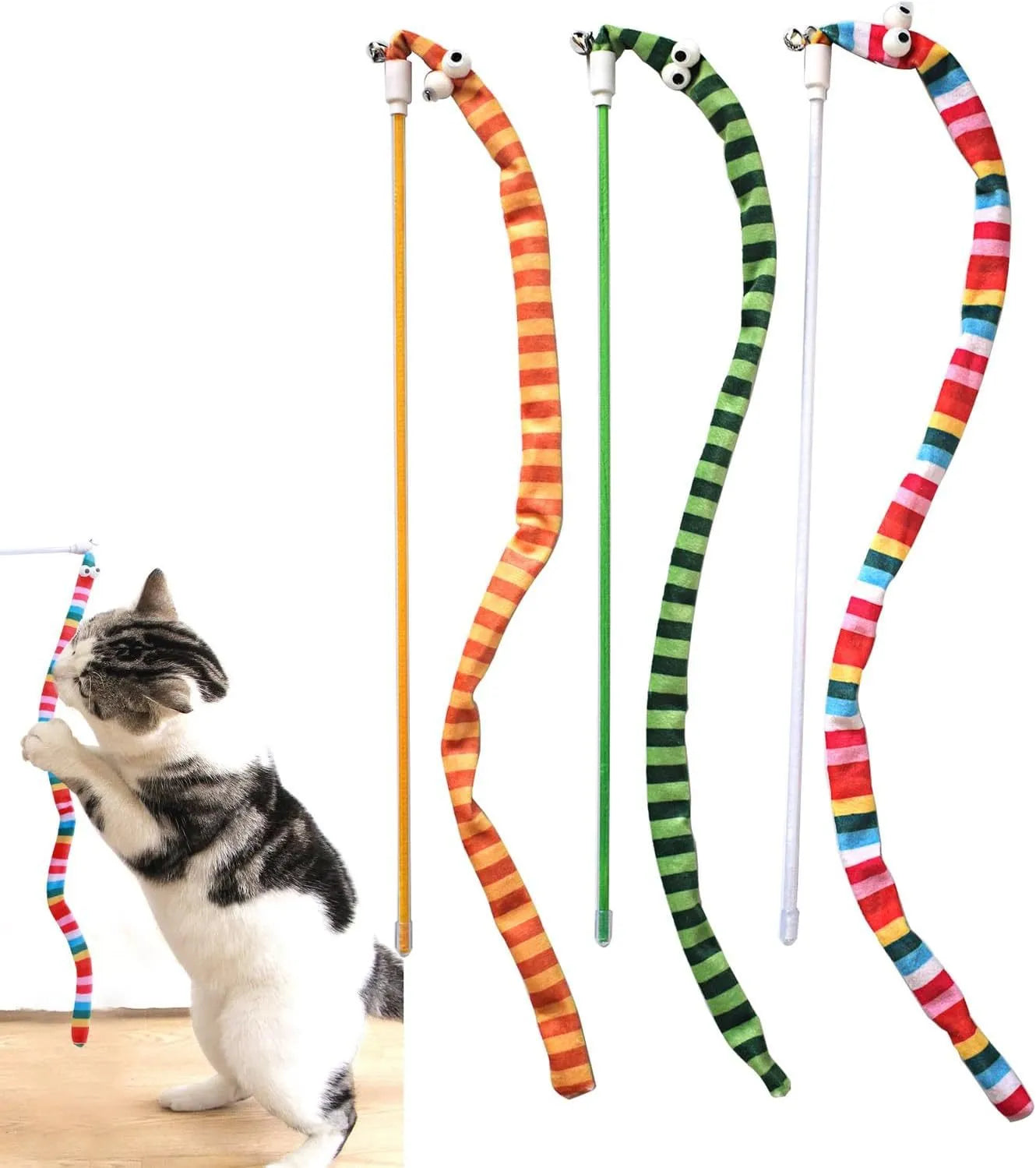 Cat teaser wand toy with long colourful plush strip on a polycarbonate handle