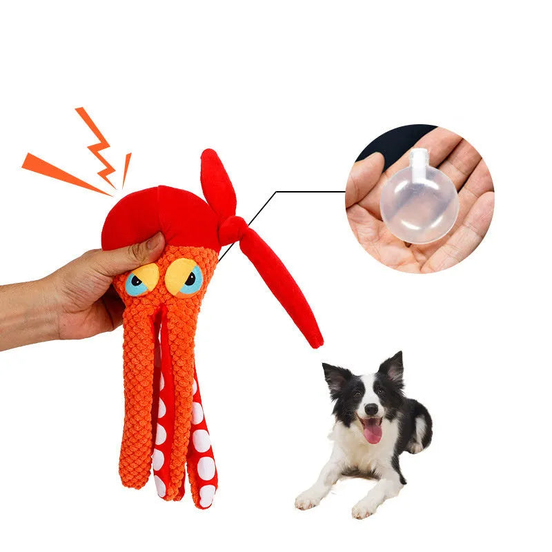 Orange squeaky octopus plush dog toy with creased paper, 180x100x300mm, 153g, for chewing and teeth grinding