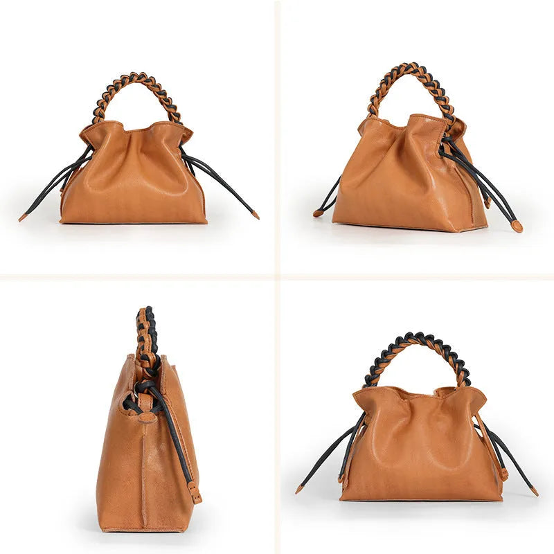 Woven genuine leather women's crossbody bag in light yellow or orange with zipper hidden pocket and polyester cotton lining