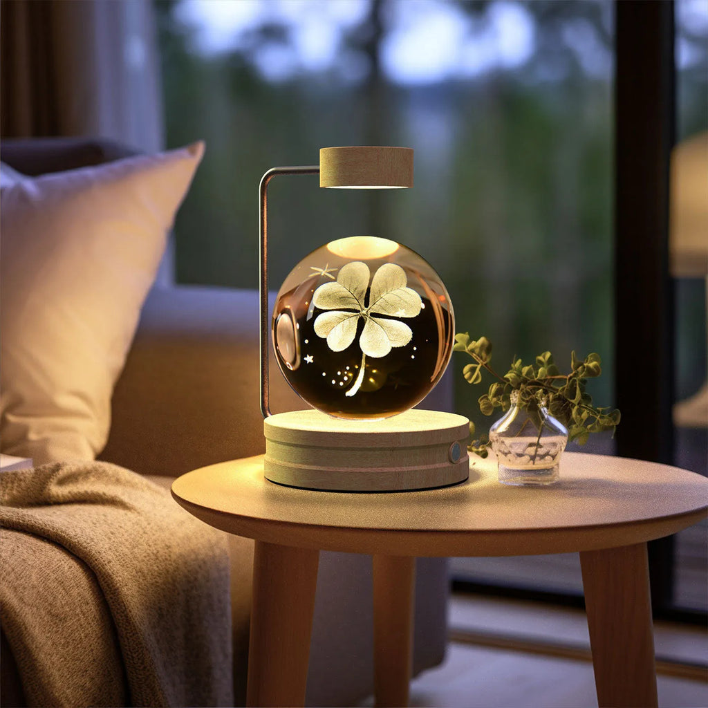 Crystal ball cosmic dinosaur indoor night light with 3D etched pattern, walnut base, and USB power cable