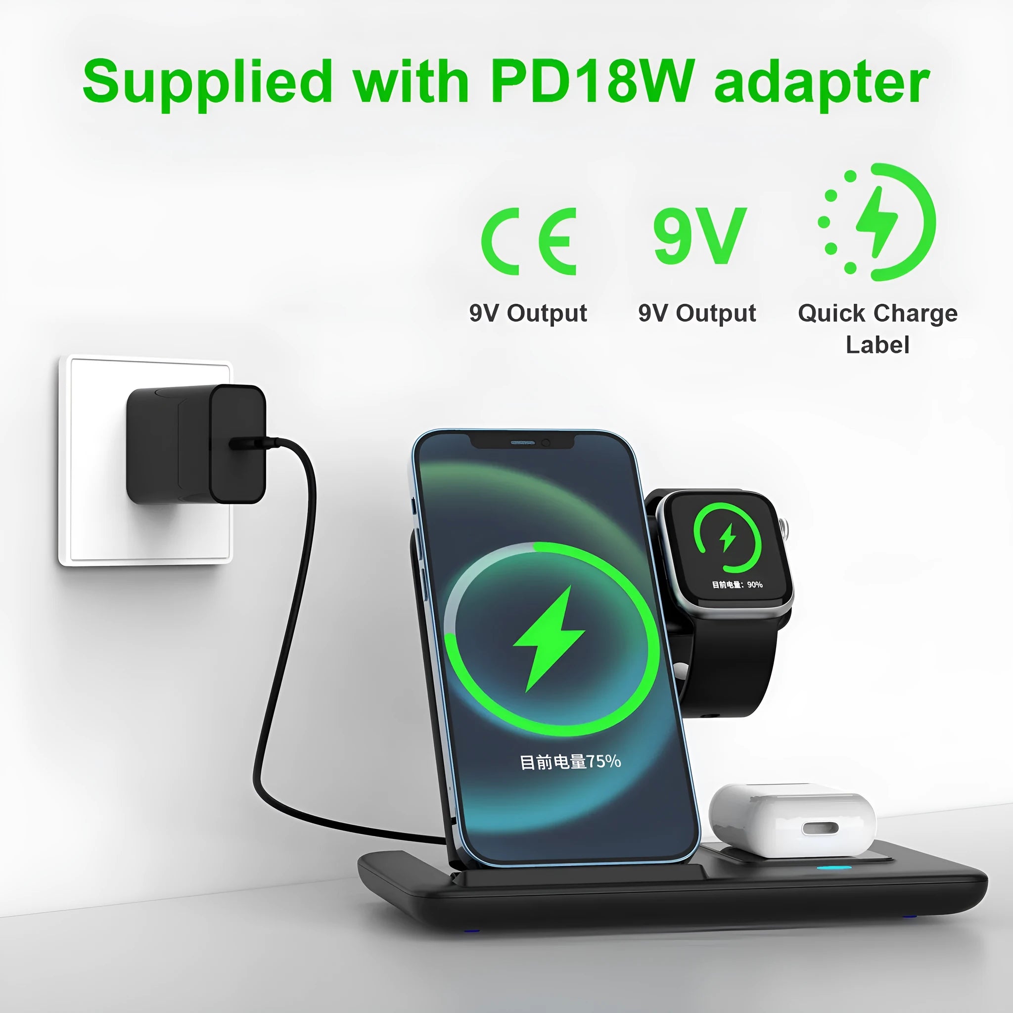 Three-in-one foldable wireless charger in white with twin coil 15W fast charge for smartphone earbuds smartwatch