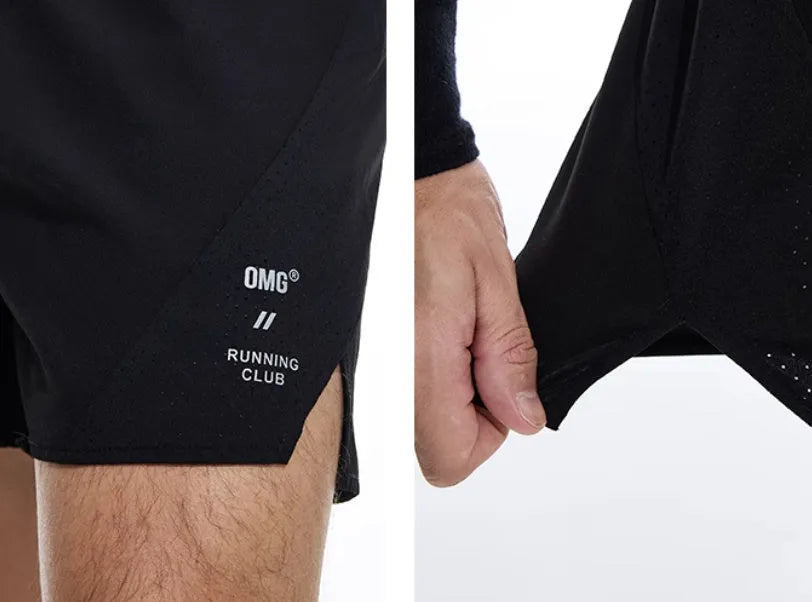 Men's black running shorts with four-point laser stitching detail on stretch fabric.