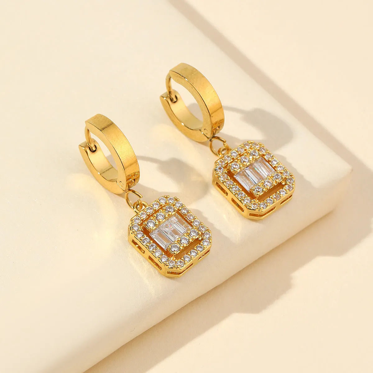Gold octagon titanium steel earrings with zircon mosaic and buckle design, retro fashion OL style, one pair