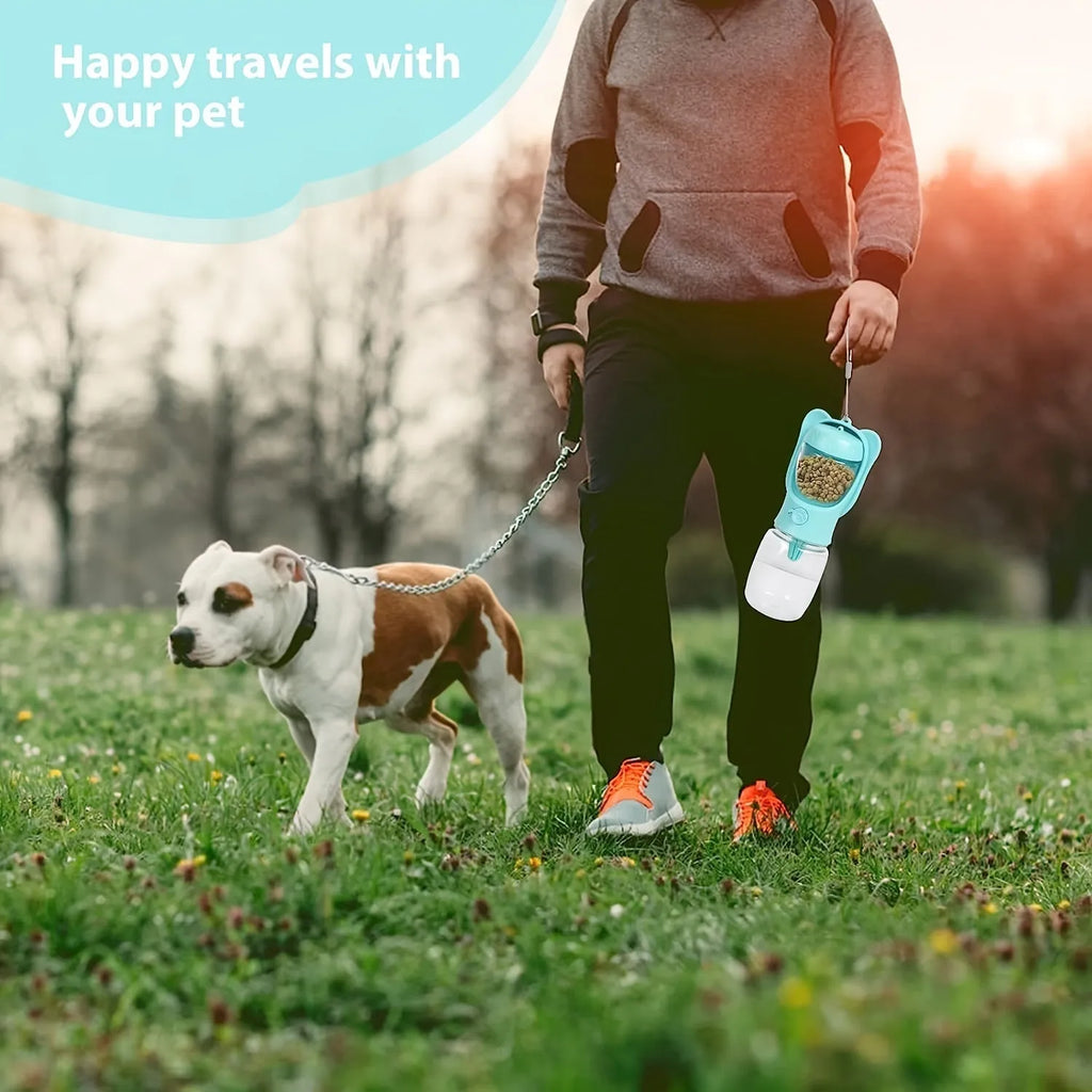 2-in-1 portable dog water bottle with food container, leak-proof, 350ml, green, on hiking trail