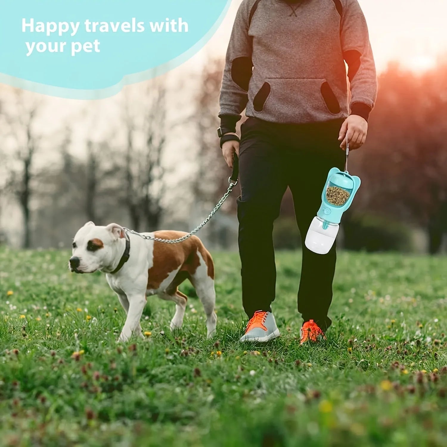 2-in-1 portable dog water bottle with food container, leak-proof, 350ml, green, on hiking trail