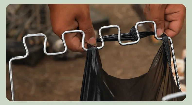 Silver folding garbage bag bracket with adjustable stainless steel frame for camping use