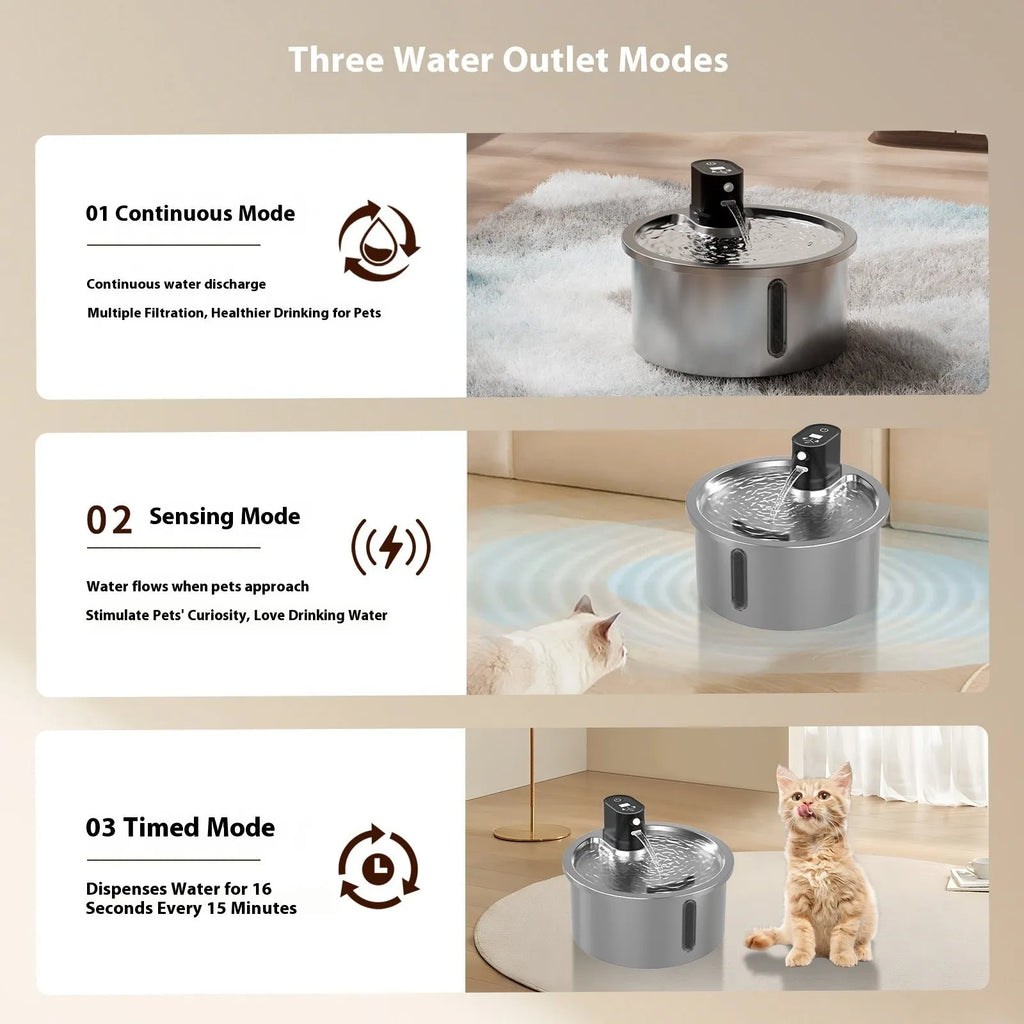 Stainless steel cat water fountain with heating base on a table.