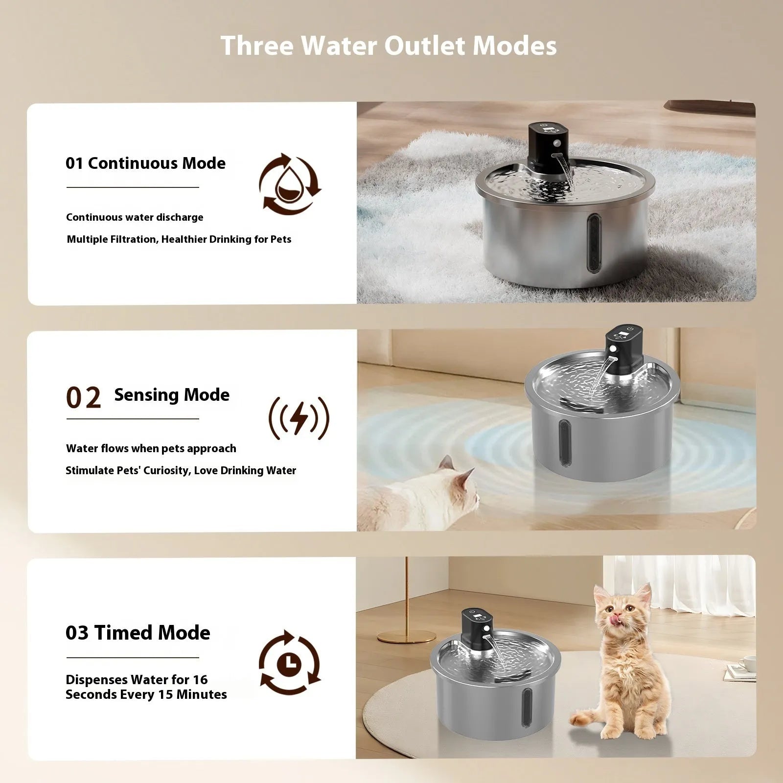 Stainless steel cat water fountain with heating base on a table.