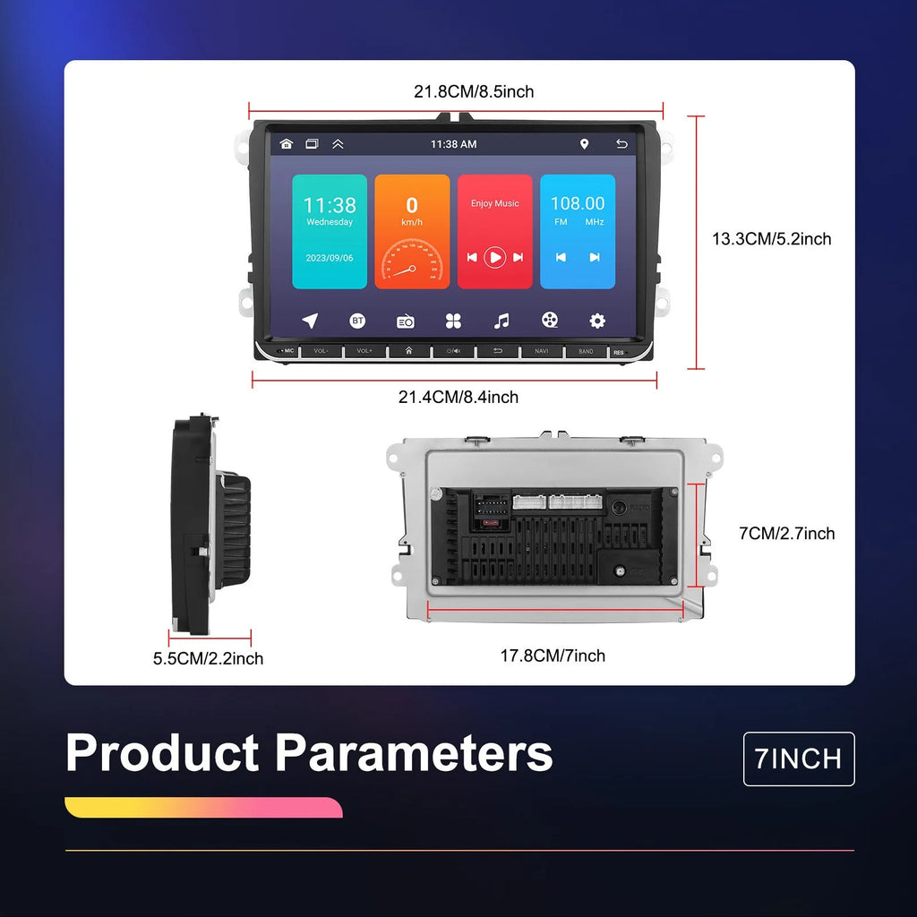 7 inch Android 13 car stereo head unit with touchscreen display for GPS navigation and smartphone mirroring.