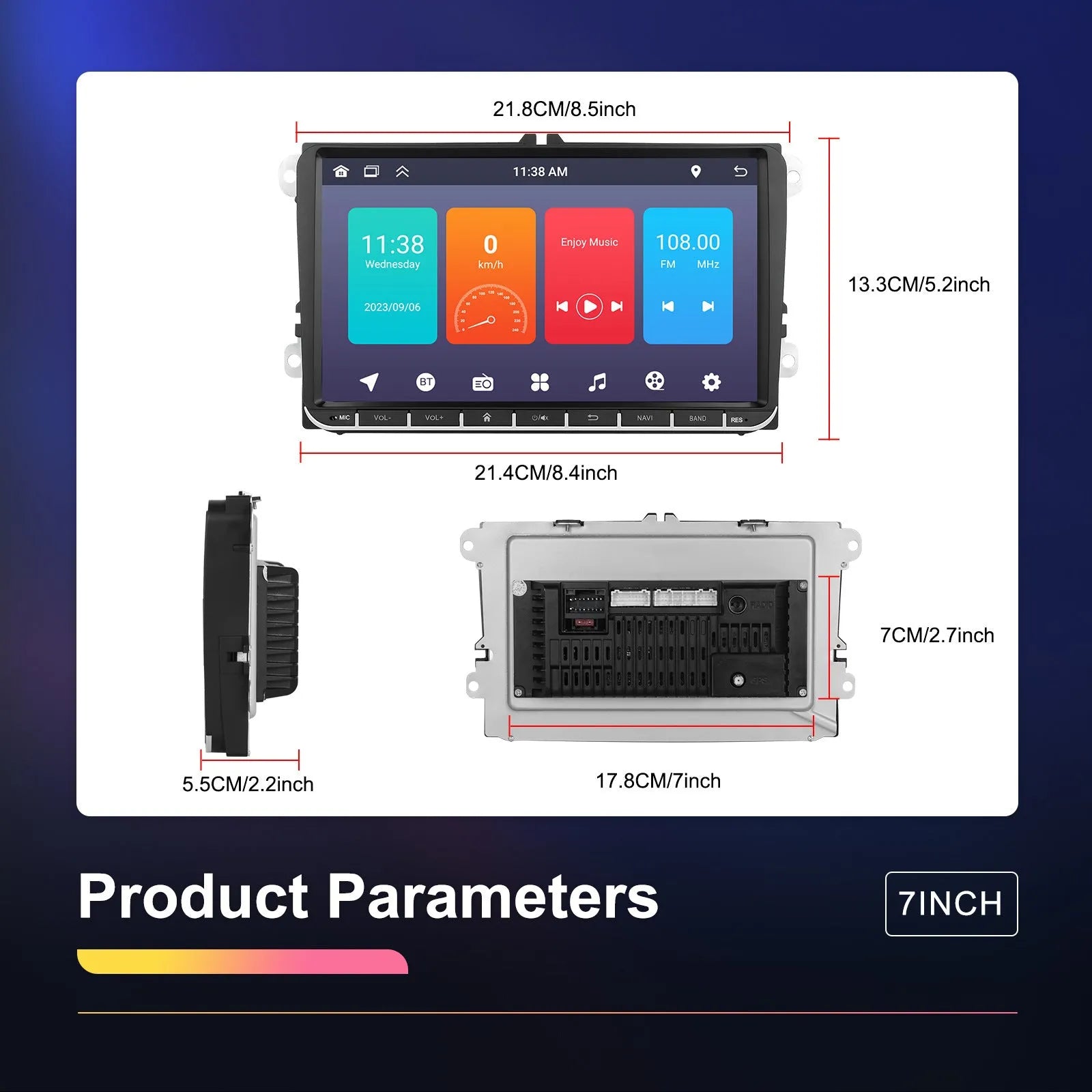 7 inch Android 13 car stereo head unit with touchscreen display for GPS navigation and smartphone mirroring.