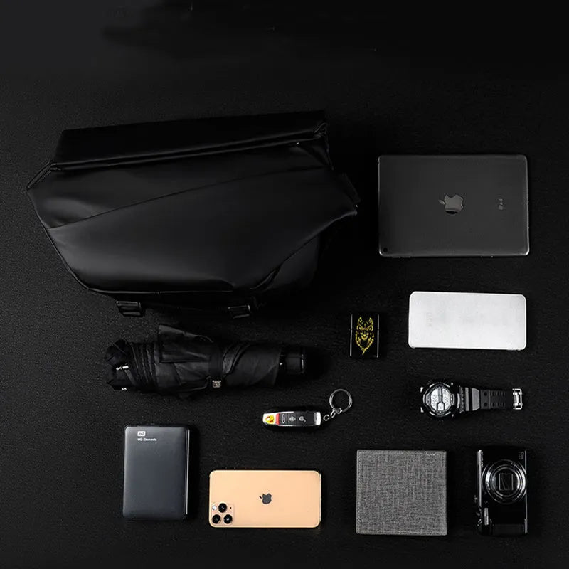 Grey and black PU leather crossbody bag for men with motorcycle sling design and internal organisers