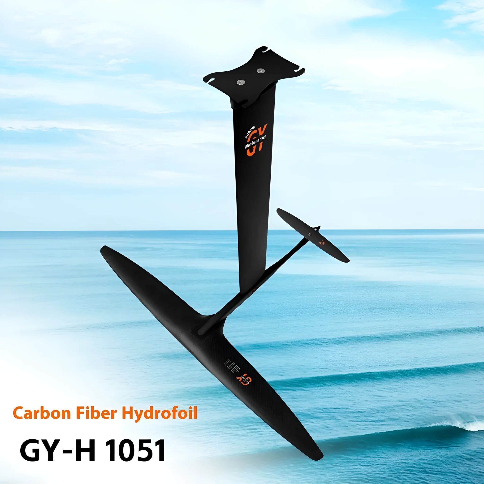 Black carbon fibre racing surfboard hydrofoil with 1051mm front wing for unpowered surfing