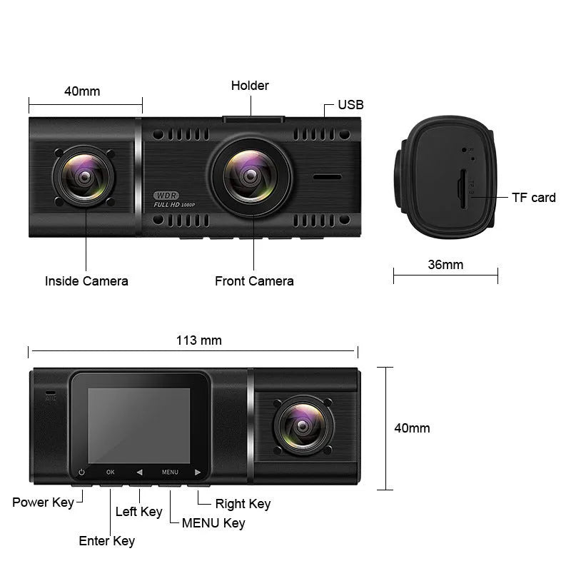 Standard black dual-channel car dash cam with 1.5-inch screen, rear camera, mount, and car charger on box.