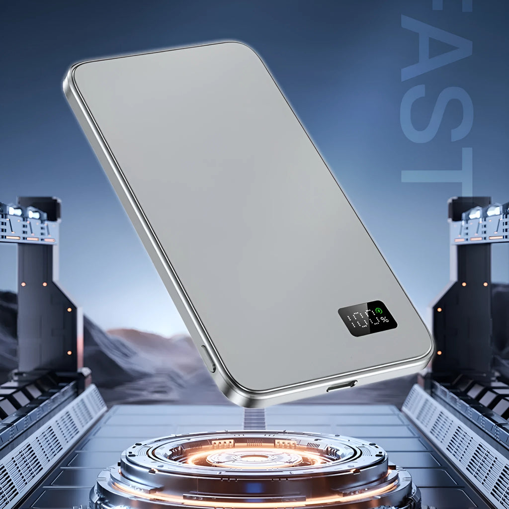 Simple thin wireless magnetic power bank F20 in black with alloy shell on a table
