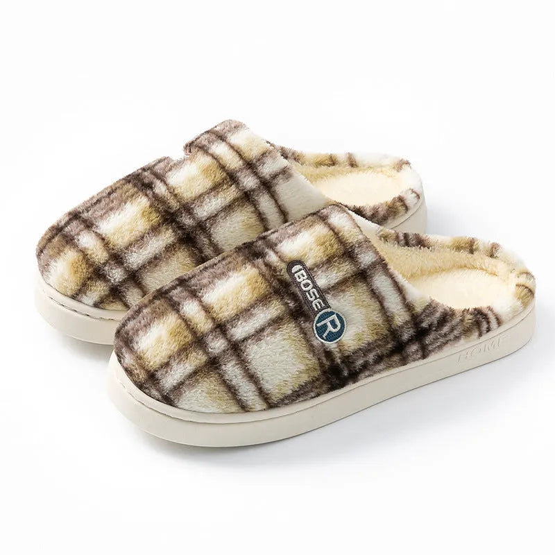 Plaid pattern cotton slippers with a non-slip PVC sole shown in A857 Coffee colour.