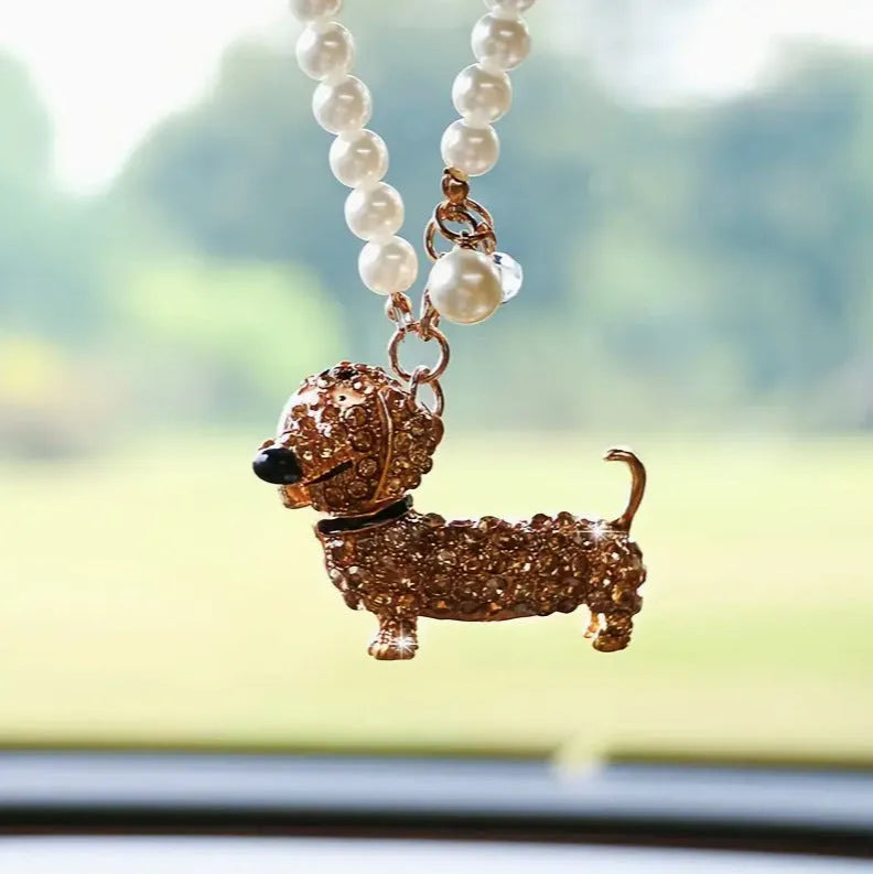 Diamond-embedded dachshund puppy hanging car rearview mirror pendant in alloy with light luxury finish