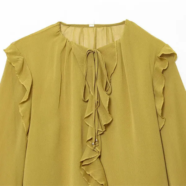 Women's yellow ruffled laminated decorative shirt with plants and flowers print and button front