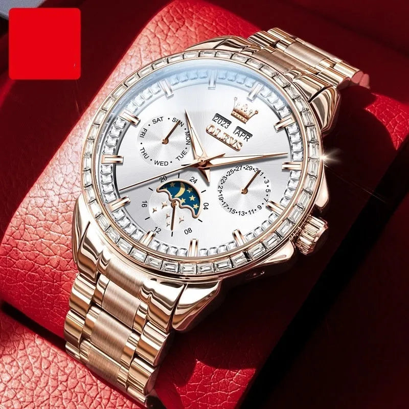 Men's automatic mechanical watch with diamond dial on a stainless steel bracelet, showing the transparent case back.