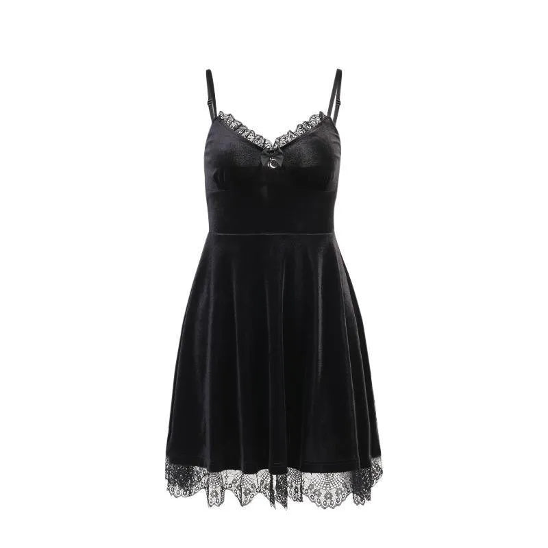 Solid colour slim-fit midi dress with suede strap and lace stitching, high waist A-line skirt, available in black and purple