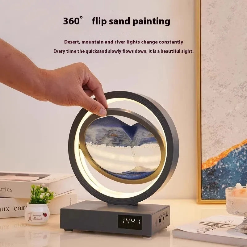 Quicksand painting clock night lamp with wireless charger and three-colour LED, available in multiple sand and frame colours