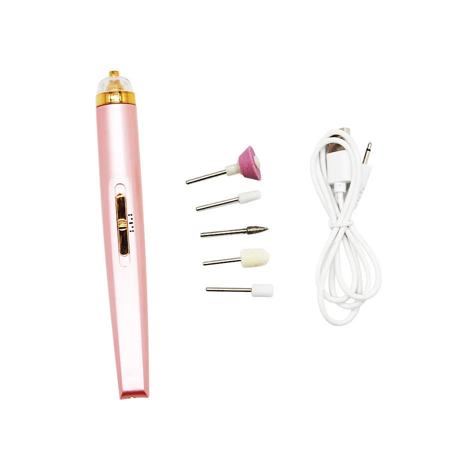 White cordless electric nail drill machine with LED light, five abrasive heads, and a USB charging cable on a pink background.