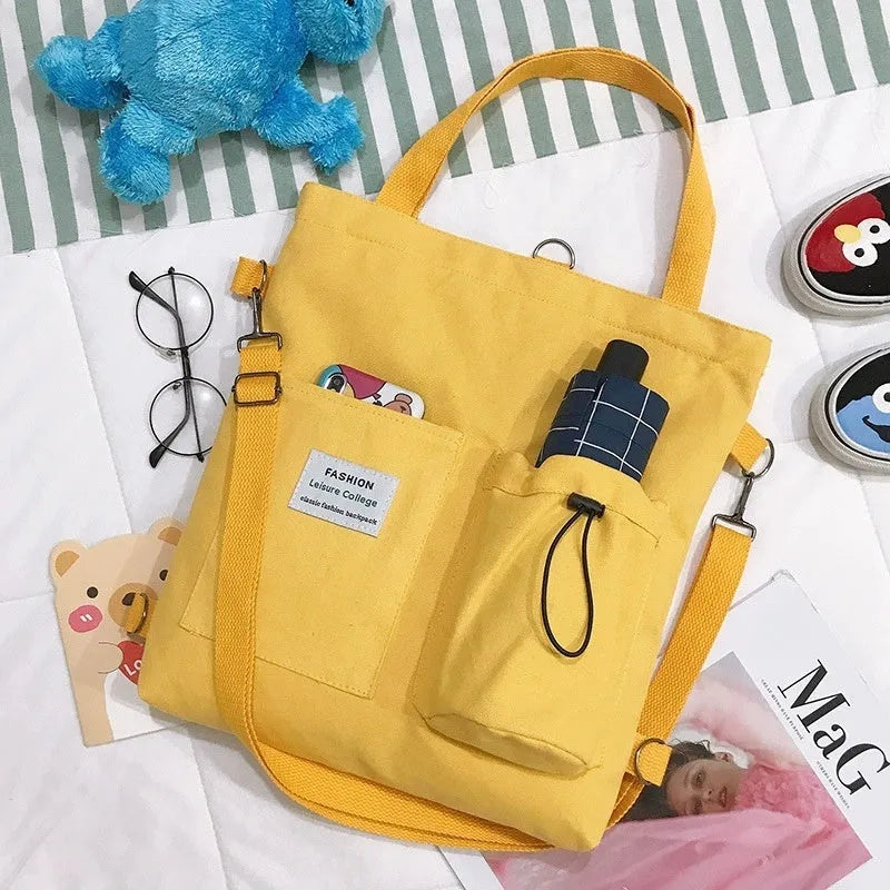 Canvas backpack for women students with pockets Harajuku style shoulder bag