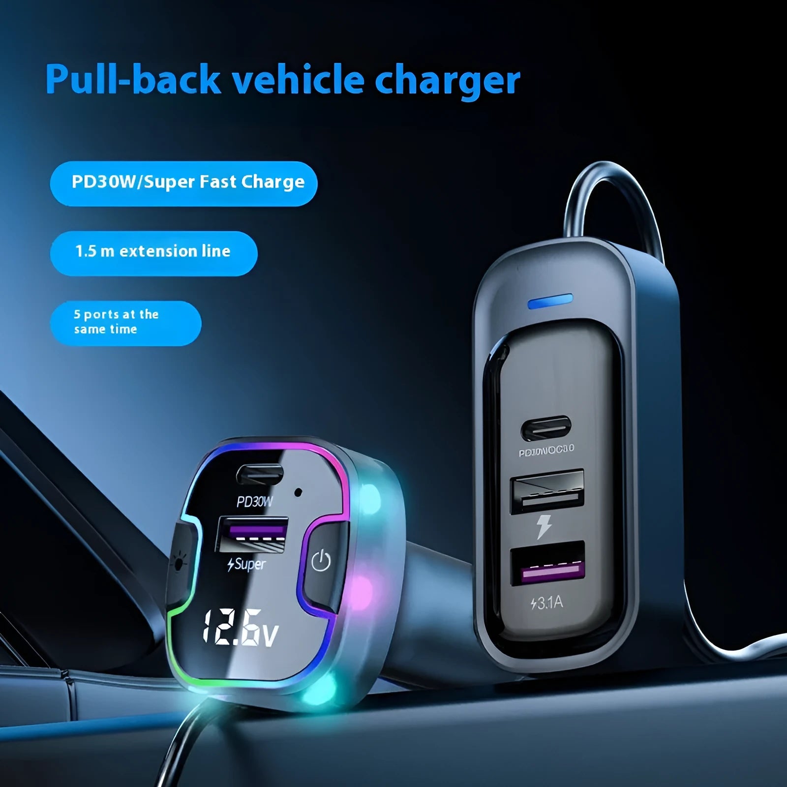 YQ8-Black coloured 5-port 120W car PD fast charger with multiple charging interfaces