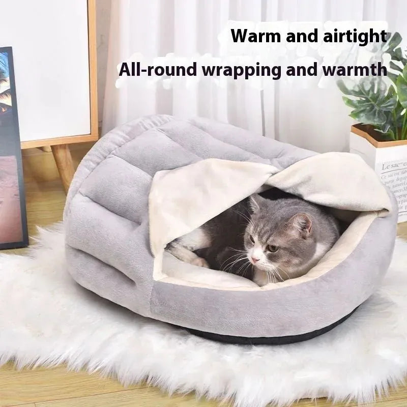 Grey semi-closed curtain cat nest, 50x40cm, short plush and PP cotton, indoor winter pet bed