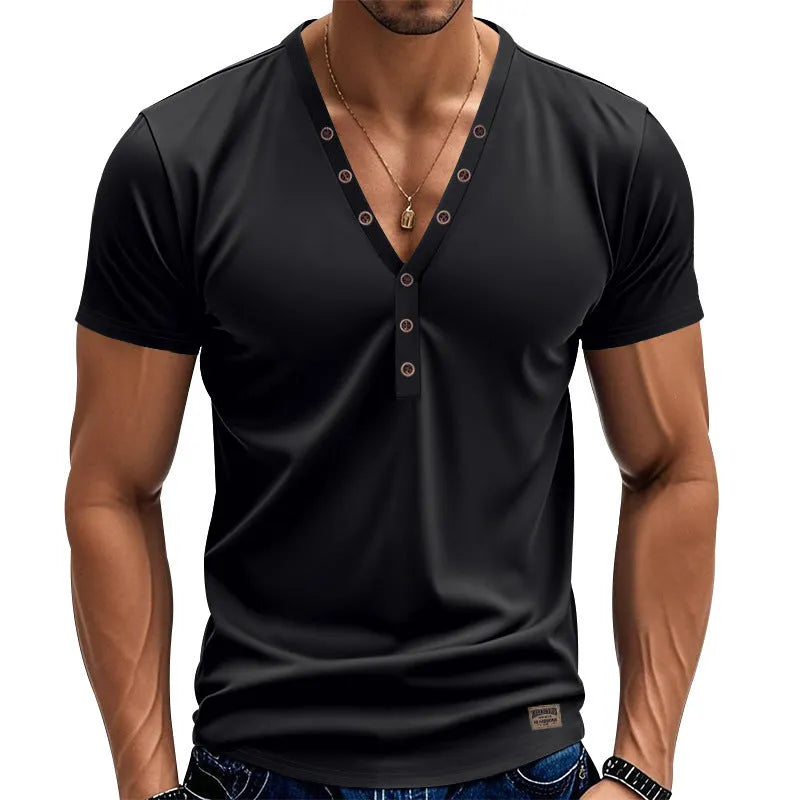 Men's loose V-neck sports pullover in solid colours with button detailing
