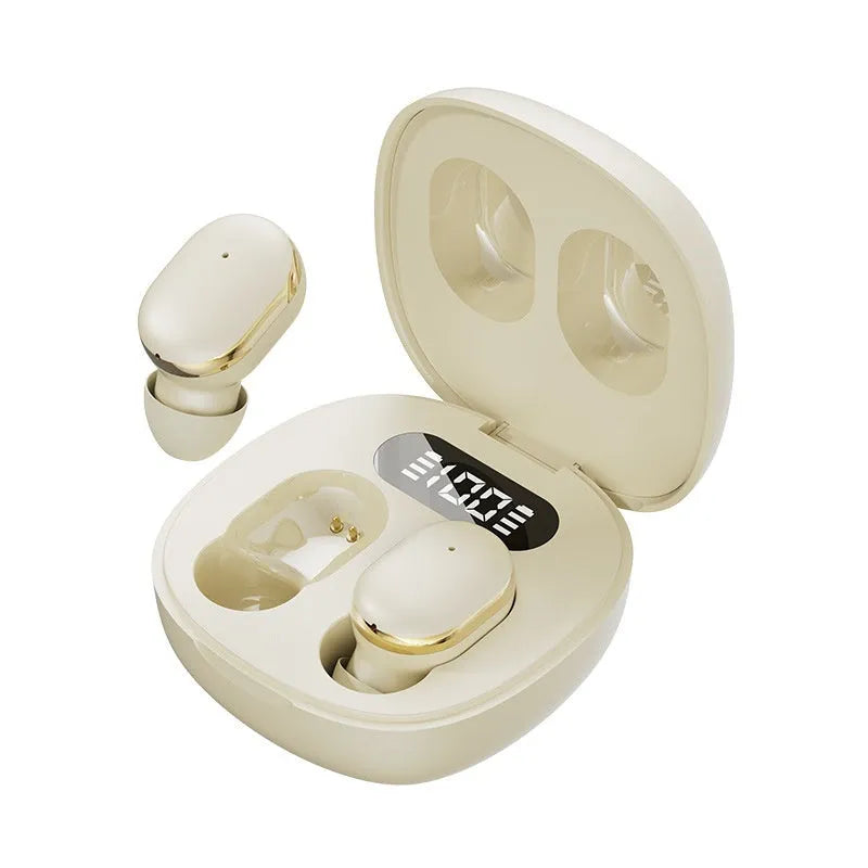 Wireless Bluetooth headset in black with digital display screen and in-ear earbuds on charging case