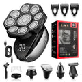 Black rechargeable 6-in-1 multifunctional hair clipper kit with attachments on a white background.