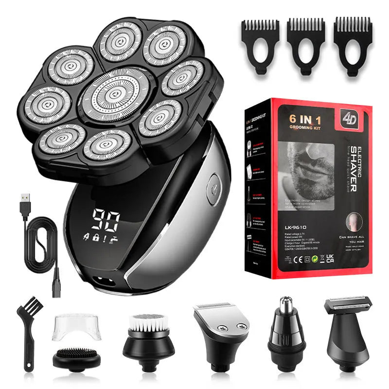 Black rechargeable 6-in-1 multifunctional hair clipper kit with attachments on a white background.