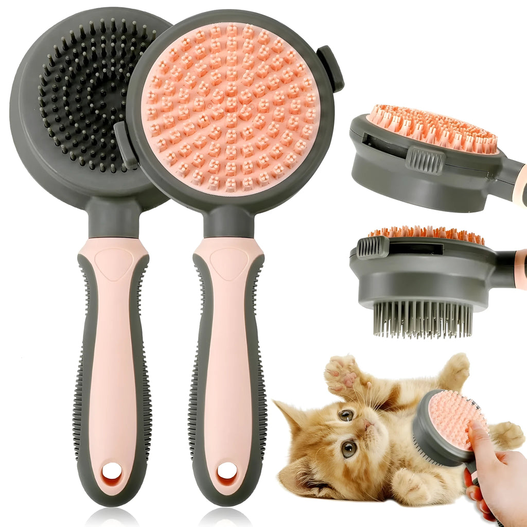 Green and pink double sided cat grooming brush with release button and flea comb on a white background.