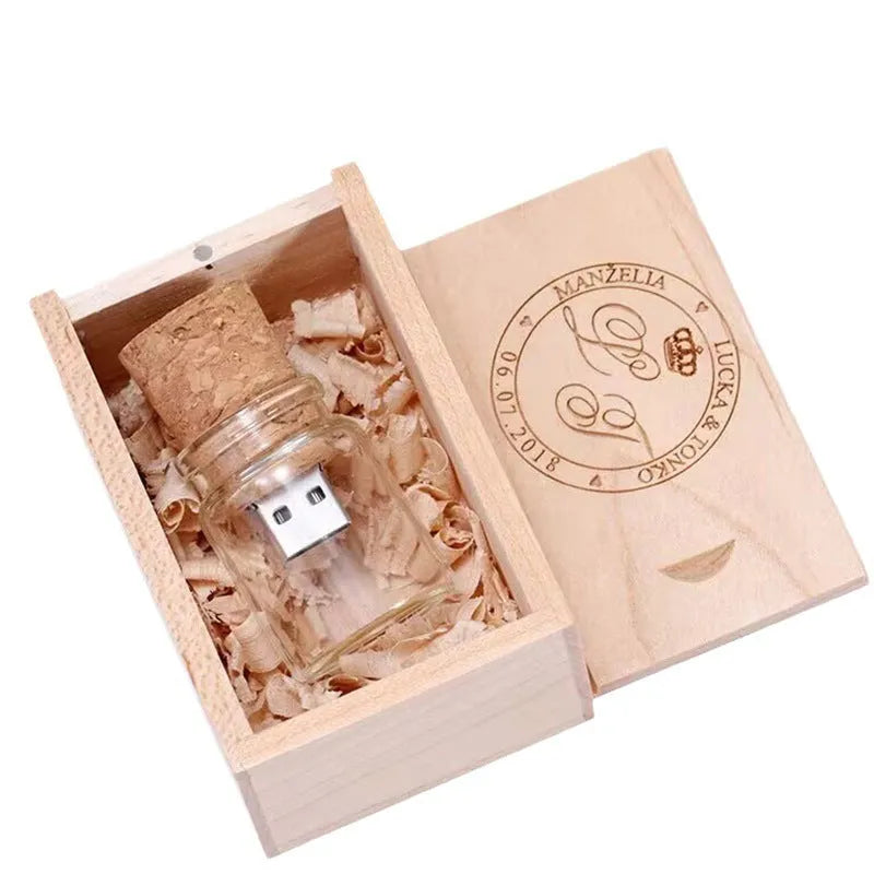 Wooden wish drift bottle USB disk with transparent finish showing internal components, 60x28mm size