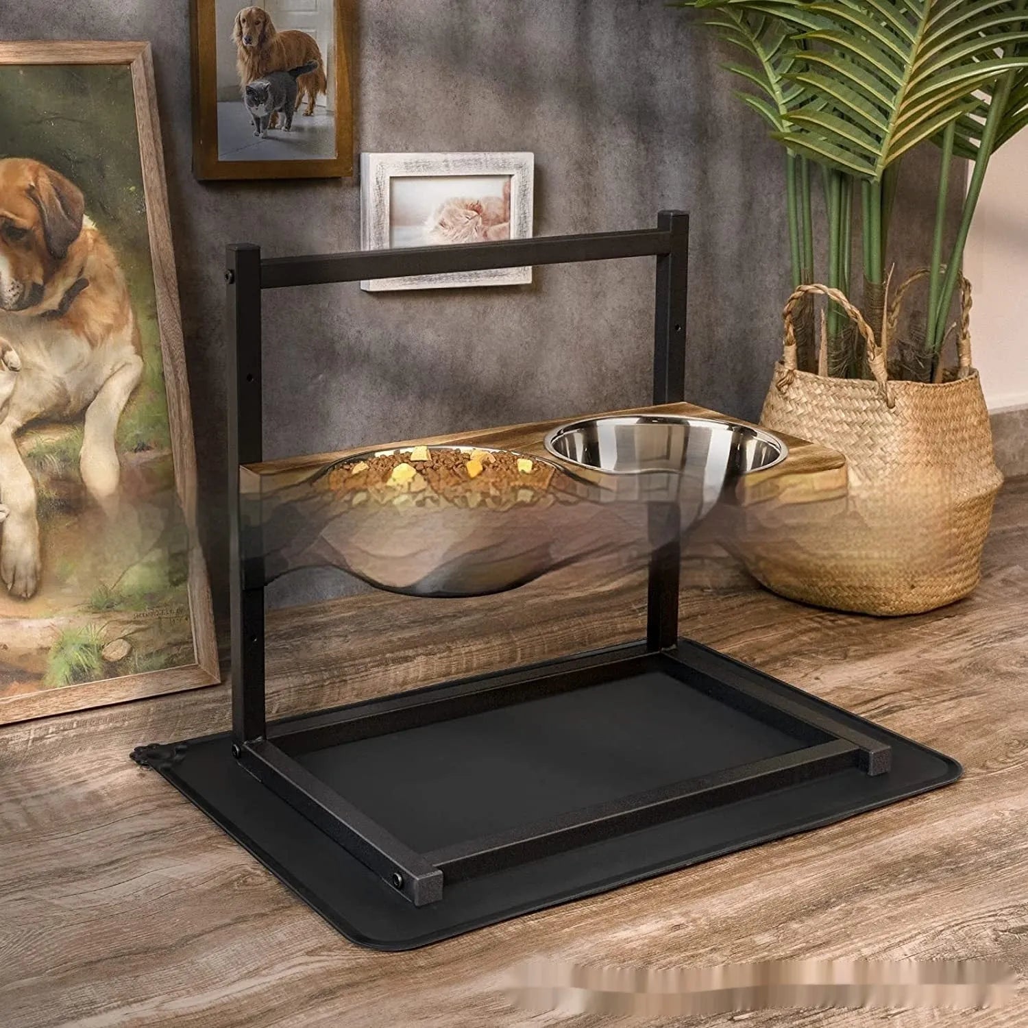 Black iron pet bowl rack with three adjustable slots for dog feeding dishes