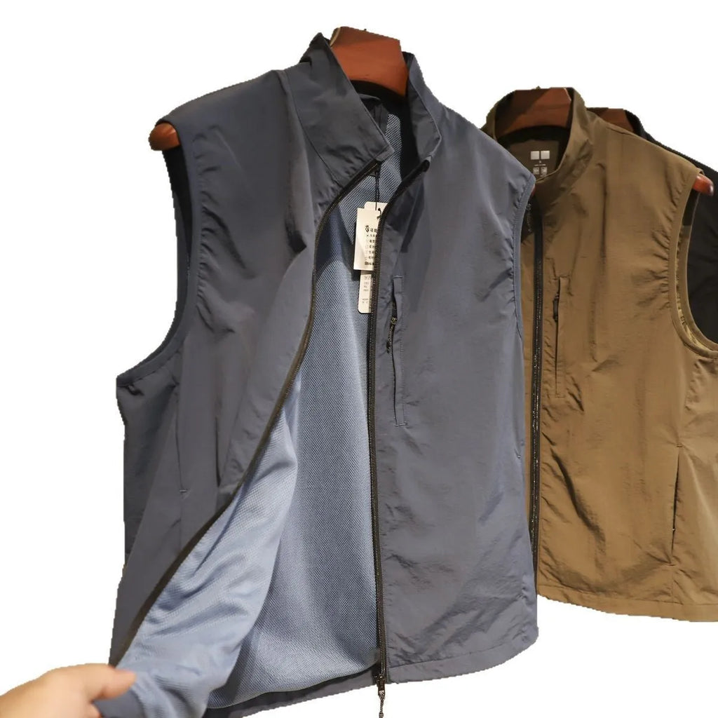 Men's thin nylon bandage-style vest in army green with side seam pockets on a hanger.