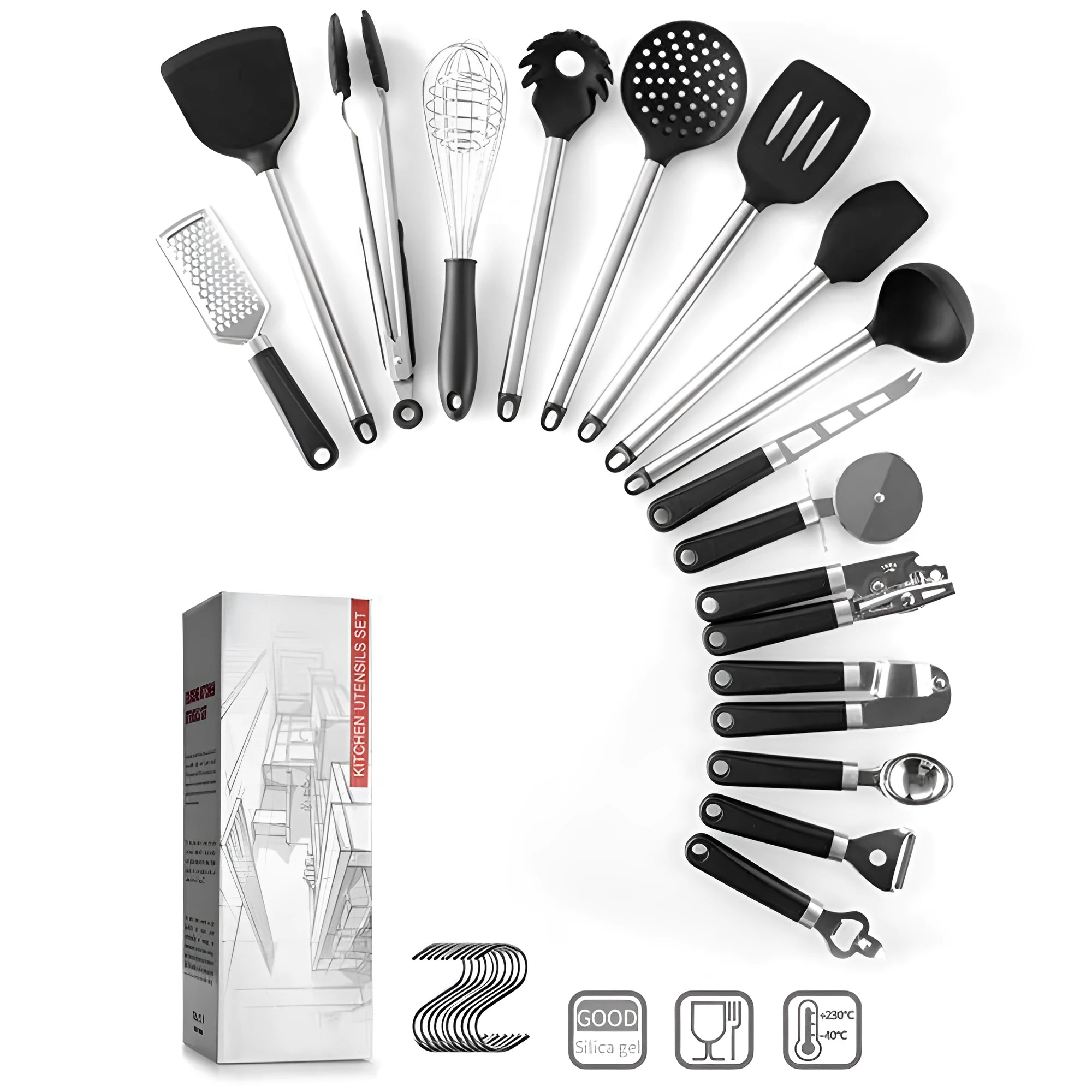 Black silicone kitchen utensil set with stainless steel handles including 16 pieces for cooking and baking