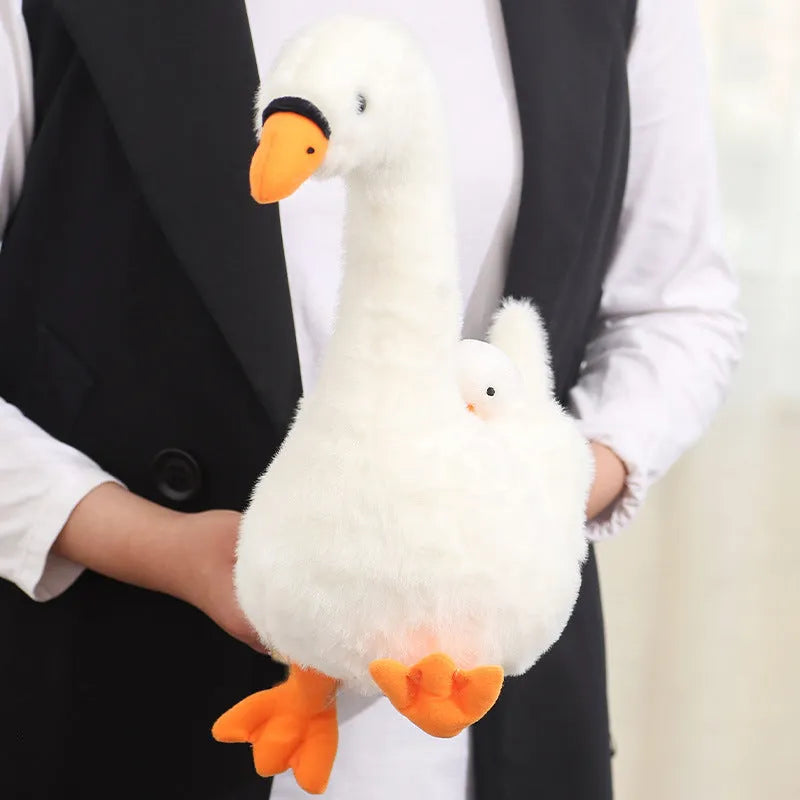 White plush mother and son goose doll 35cm tall on a plain background