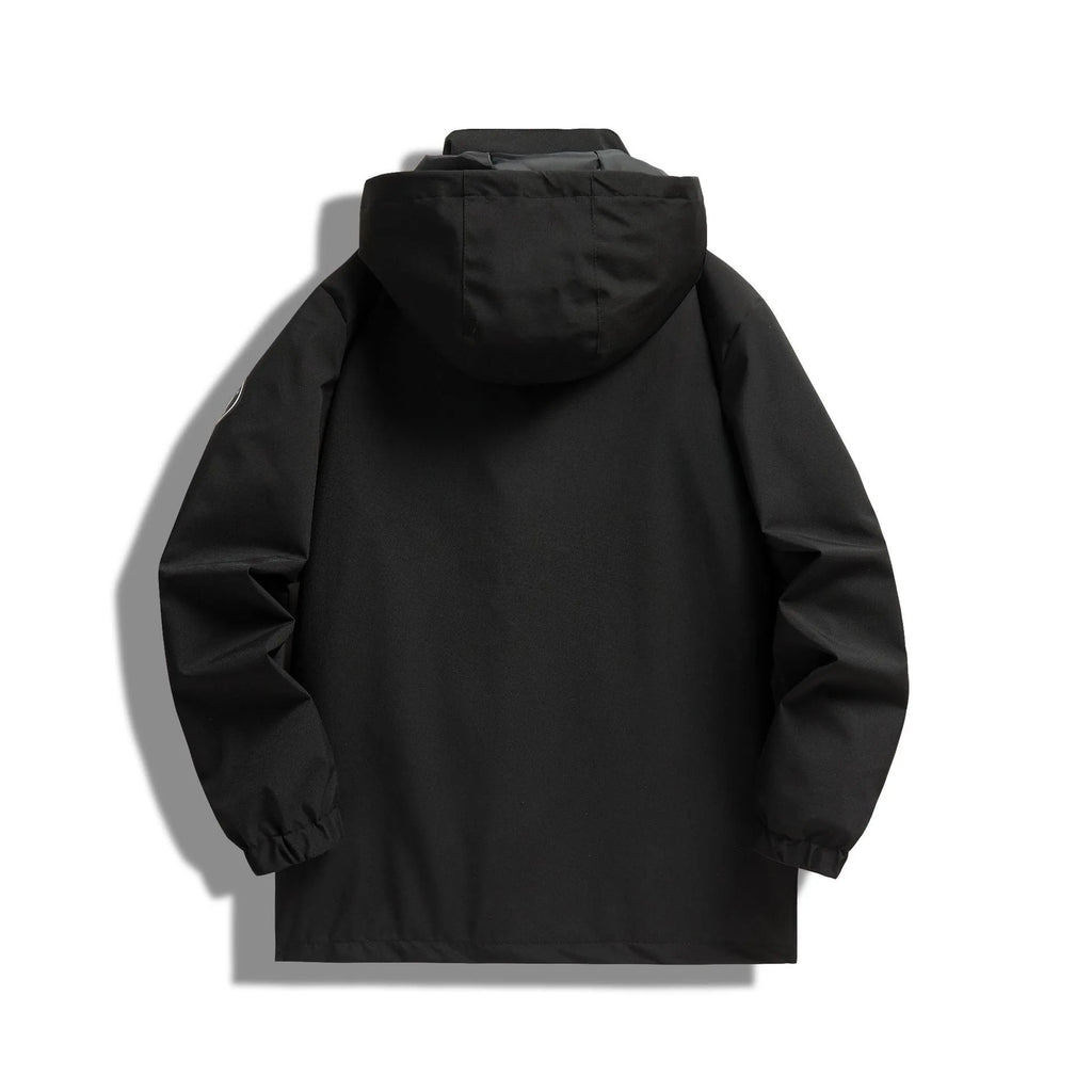 Men's hooded outdoor jacket in black, dark blue or apricot with zip pockets and loose fit