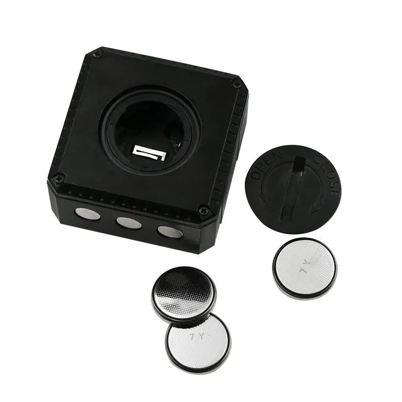 Blue digital inclinometer with magnetic base and multi-angle flip display on a metal surface